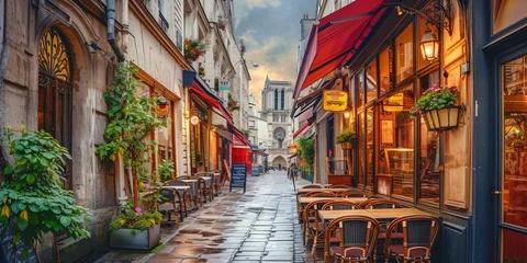 Schilderijen op glas Rustic Parisian street lined with charming sidewalk cafes. © ckybe