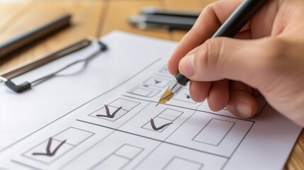 Digital survey with tick boxes completing internet survey document in order to respond to exam inquiries.