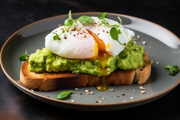 bruschetta with poached egg on bread with mashed avocado on a plate. egg Benedict.