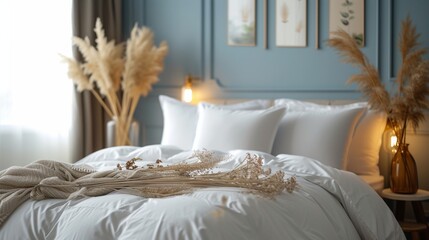 Luxury bedding set mockup on a bed with a cozy bedroom background 