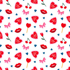 Fototapeta premium Seamless love pattern. Red love heart seamless illustration print. Cute romantic background. Valentine's day backdrop. Modern romantic wallpaper. Perfect for wrapping, stationery, fabric, packaging.