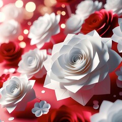 paper flower white roses on red roses background abstract