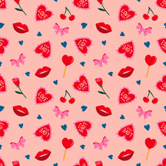Seamless love pattern. Red love heart seamless illustration print. Cute romantic background. Valentine's day backdrop. Modern romantic wallpaper. Perfect for wrapping, stationery, fabric, packaging.