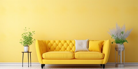 Yellow vase with luxury sofa in living room at home.
