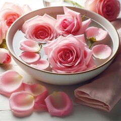 pink roses and petals in bowl with pure water over white