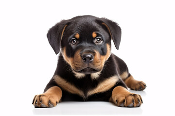 A Rottweiler pup stands against a pallid backdrop.