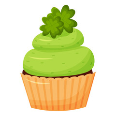 Vector green holiday cupcake icon with four-leaf clover isolated on white background. Patrick's day celebration event illustration