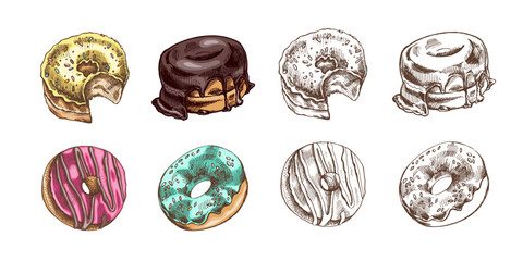 A hand-drawn colored and monochrome sketches of donuts. Vintage illustration. Pastry sweets, dessert. Element for the design of labels, packaging and postcards.