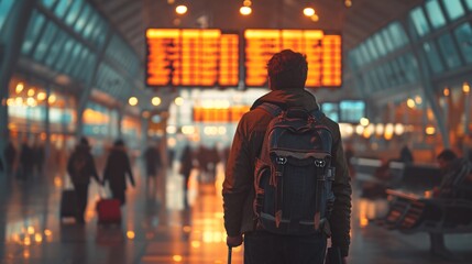 Flying on a plane, a male with a knapsack and luggage strolling through the airport terminal while checking departure details.