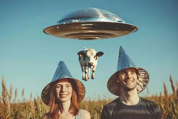  man and woman holding metallic hats, flying cow in the sky, exaggerated emotions, futuristic spaceship, ufos in the sky, conspiracy theory concept © zgurski1980