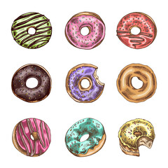 A hand-drawn colored sketch of a set of donuts. Vintage illustration. Pastry sweets, dessert. Element for the design of labels, packaging and postcards.