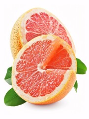 Two ripe halves of pink grapefruit isolated on a white backdrop.