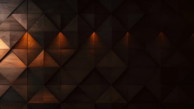 A closeup shot of a textured wall in an office featuring a 3D pattern created by alternating light and dark wooden panels.