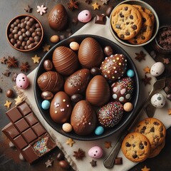 top view chocolate easter eggs with candy cookies frame