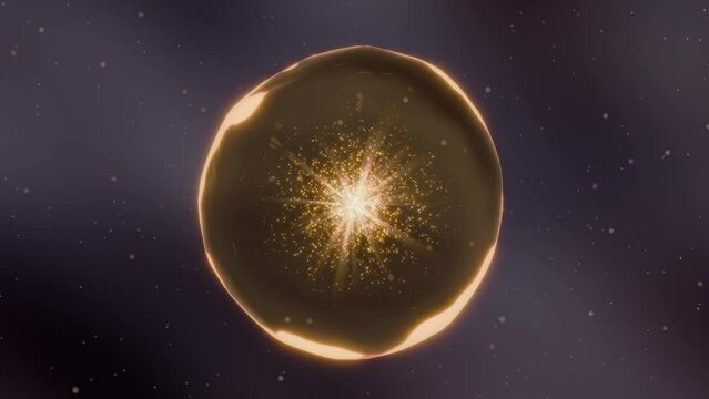 A glowing golden orb with shiny partlces in dark space. Abstract description of an extracellular vesicles (exosome, MVs). UHD 4K video animation 