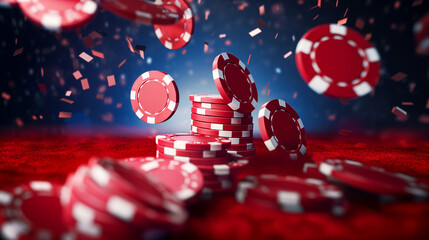 Dynamic image capturing the thrilling moment of red poker chips tossed in the air above a casino gaming table, high stakes and energy of gambling. - obrazy, fototapety, plakaty