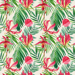 Tropical seamless pattern with exotic pink lily flowers, palm tree. Summer floral watercolor illustration tropic modern 