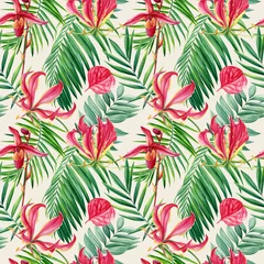 Fototapete Tropische Blätter Tropical seamless pattern with exotic pink lily flowers, palm tree. Summer floral watercolor illustration tropic modern   © Hanna