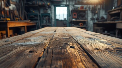 Vintage wooden table and workshop setting captured in a retro-style photo with natural lighting and...