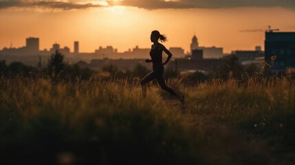 Silhouette of Woman Running Outdoors at Sunset