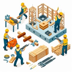 Project teamwork in construction. isometric illustration