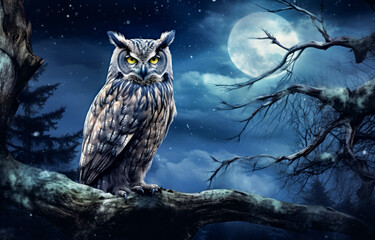 Owl sitting on tree branch in night forest with full moon.