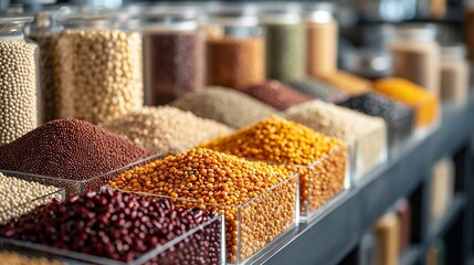 An array of exotic grains and legumes in transparent bowls showcasing natural textures and colors