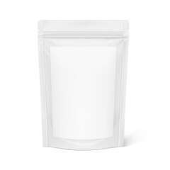 Realistic stand up pouch bag with sticker and shadow mockup. Vector illustration isolated on white background. Easy to make a realistic mockup of your product. EPS10.