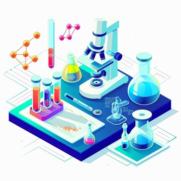 project teamwork in medicine, science and biology. isometric illustration
