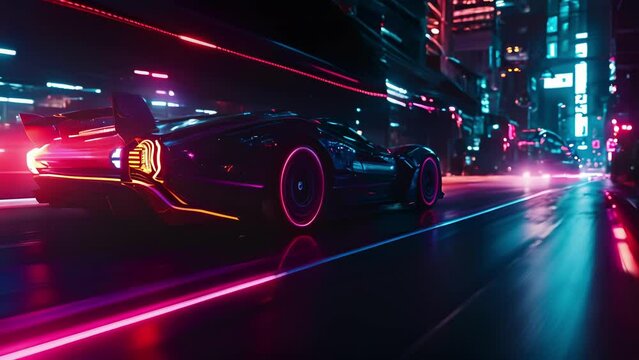 A futuristic selfdriving car with interactive neon lights creating a futuristic and immersive experience as it cruises through the city at night.
