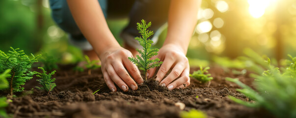 Hands planting small spruce trees in forest. Planet care concept.
