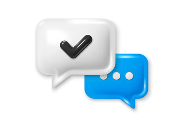 3d speech bubble icon with checkmark. Chat comment with ellipsis icon. Blue talk message box. Modern realistic 3d design. Support speech bubble. Social media dialog banner. Vector illustration