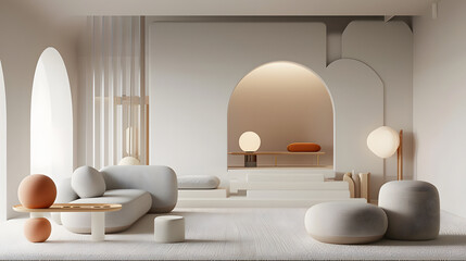 Large living room with a variety of furniture and decorations. Futuristic design style