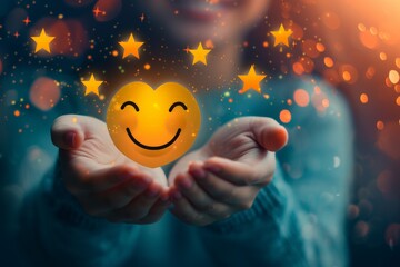 Positive Psychology Emoji genial Smiley, Icon Illustration service rating. Smiling cartoon elation. Big grin visualization tools happy smile. emoticon reaction stress management - obrazy, fototapety, plakaty