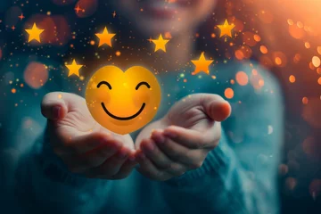 Tuinposter Positive Psychology Emoji genial Smiley, Icon Illustration service rating. Smiling cartoon elation. Big grin visualization tools happy smile. emoticon reaction stress management © Leo