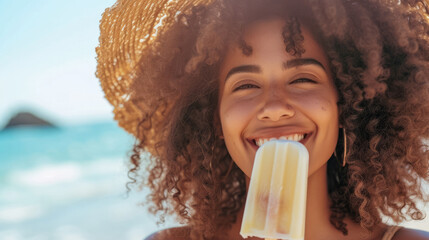 Portrait of a young smiling African American woman eating a popsicle ice cream on hot summer day at the beach - obrazy, fototapety, plakaty
