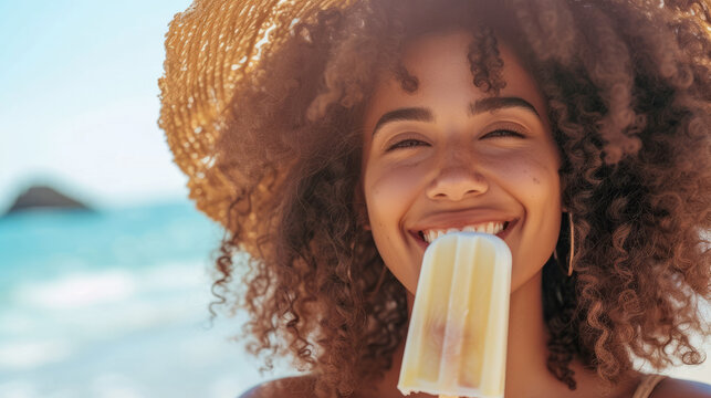 Portrait of a young smiling African American woman eating a popsicle ice cream on hot summer day at the beach