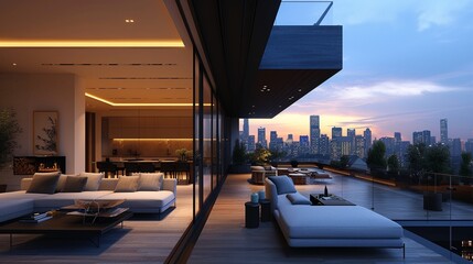  A contemporary urban penthouse with expansive terraces and skyline vistas. - obrazy, fototapety, plakaty