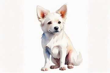 Watercolor illustration of a white dog sitting on a white background