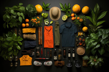 Flat lay travel clothes and accessories and plants on a black background