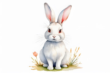 Watercolor illustration of a cute white rabbit sitting on grass on a white background