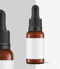 Dropper vial mockup isolated on grey and transparent background. Vector illustration. Front view. Сan be used for cosmetic, medical and other needs. EPS10.	