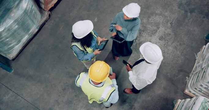 People, engineer and tablet in teamwork, supply chain or collaboration for storage management above. Top view of group, contractors or technicians in discussion with technology for quality control