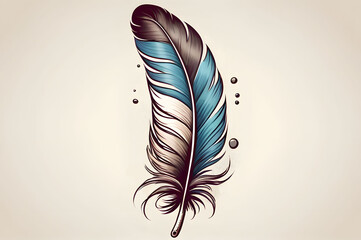 Illustration of a blue, black and white bird feather on a white background. A design element for an emblem, sign, tattoo and more.