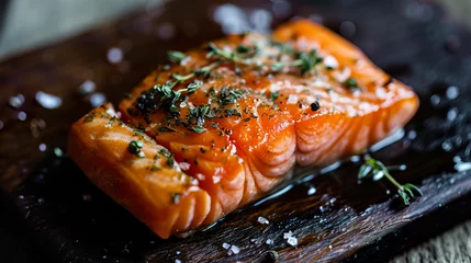 Poster Salmon steak close-up, angle view, ultra realistic food photography © Beasty Beast
