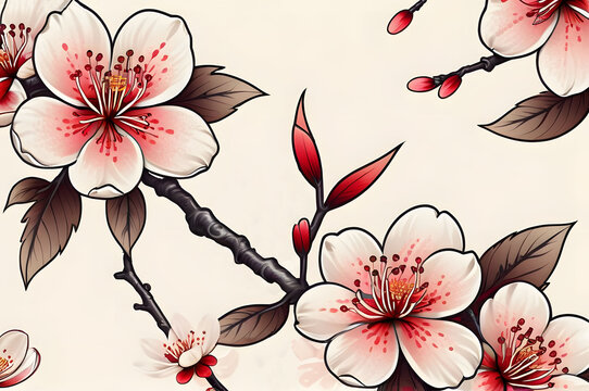 Background with a painted cherry blossom, sakura branch. Sketch of spring flowers of quince, almond, apple tree with buds and flowers.