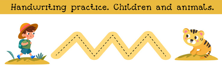 Handwriting practice. Animal and kids. Puzzle game for preschool children. Activity for kids. Cartoon vector illustration.