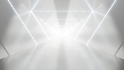 abstract white futuristic triangle tunnel architecture - obrazy, fototapety, plakaty