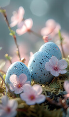 Easter eggs on a sunny spring background. AI