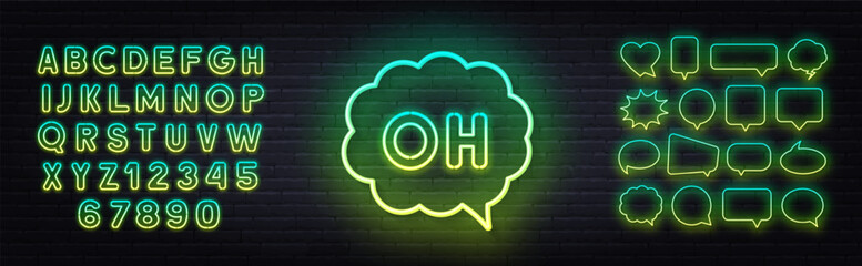 Green Yellow gradient fluorescent neon alphabet and speech bubble on brick wall background.  Oh neon sign on brick wall background.